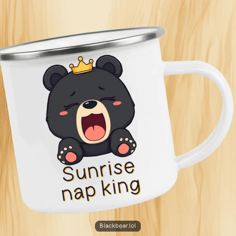 Funny sleepy black bear cub camping mug of a cub yawning with a tilted crown, perfect for relaxed outdoor enthusiasts.
