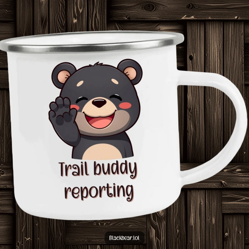 Funny black bear camping mug with a happy bear waving its paw and a wide grin, ready for outdoor adventures.