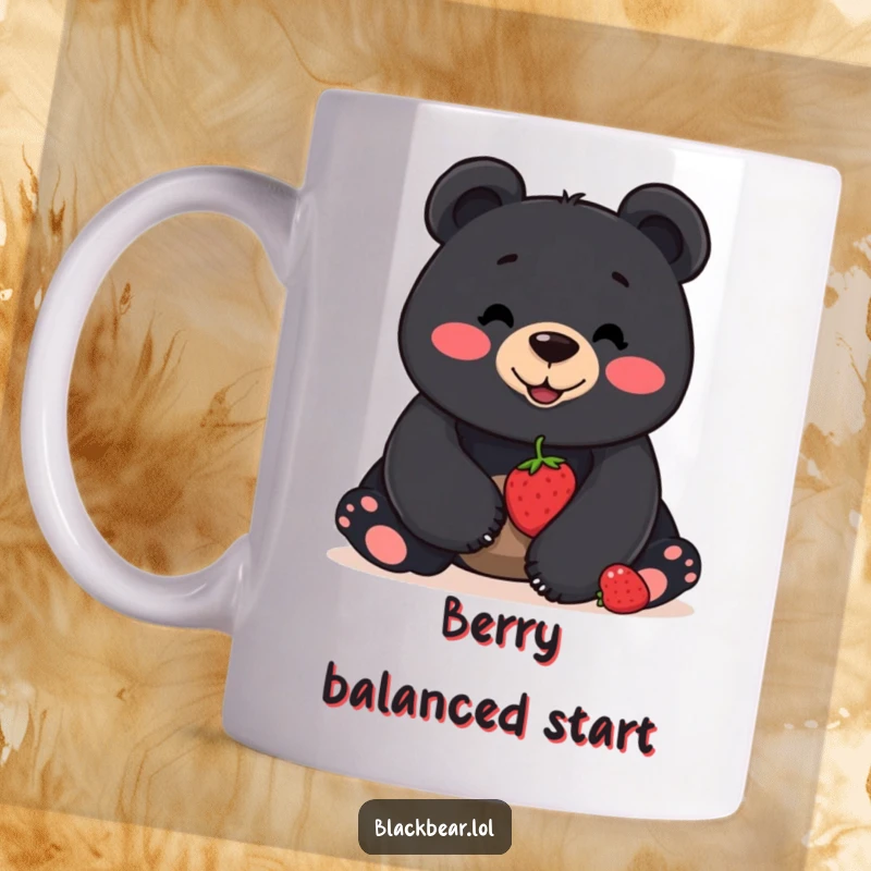 Funny mug showcasing a smiling black bear concentrating hard while balancing a single red berry on its nose, a picture of focus.