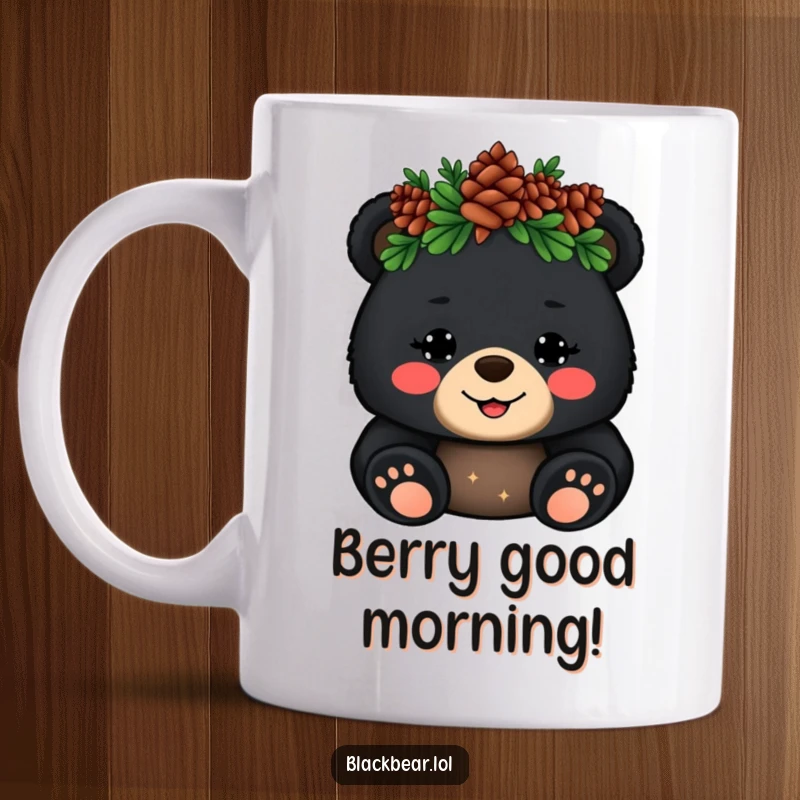 Funny Mug: A cheerful black bear cub wearing a pinecone crown waves hello with a friendly expression.