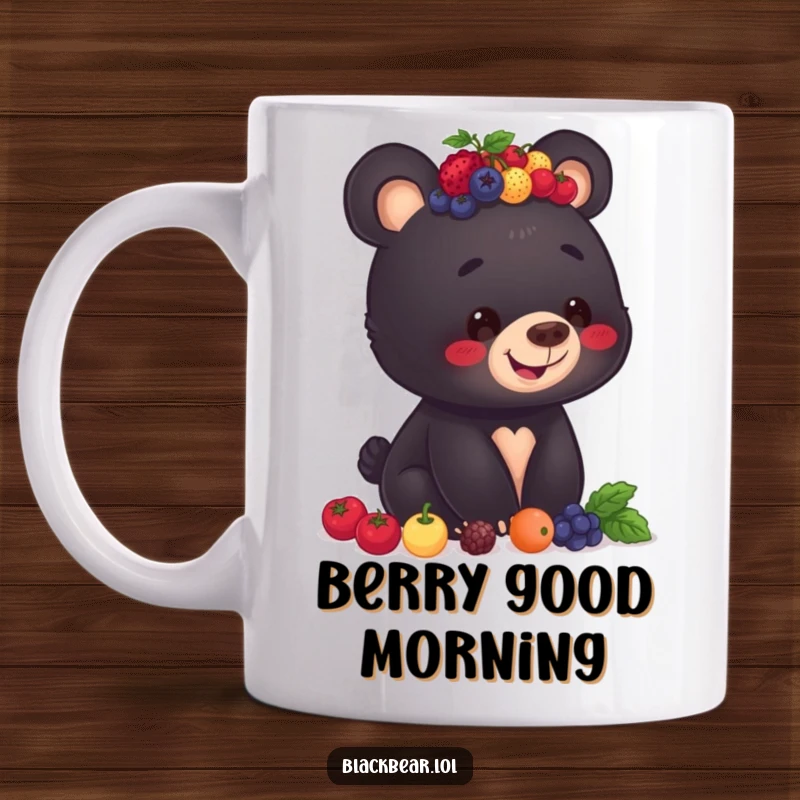 Funny mug featuring a smiling black bear cub attempting to balance a tall pile of colorful berries on its head, looking focused.