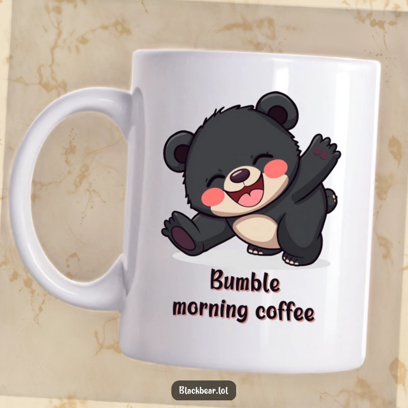 Funny happy black bear cub mug tripping over its own feet with pure ecstatic joy, showcasing delightful clumsiness.