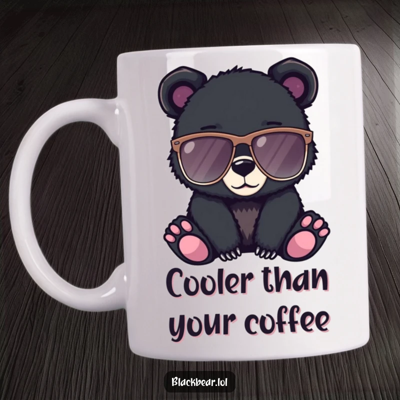 Funny mug showing a black bear cub wearing ridiculously oversized sunglasses, looking incredibly cool and stylish.