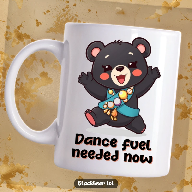 Funny mug featuring a playful black bear cub in a jeweled sash, joyfully performing a silly, energetic dance move.
