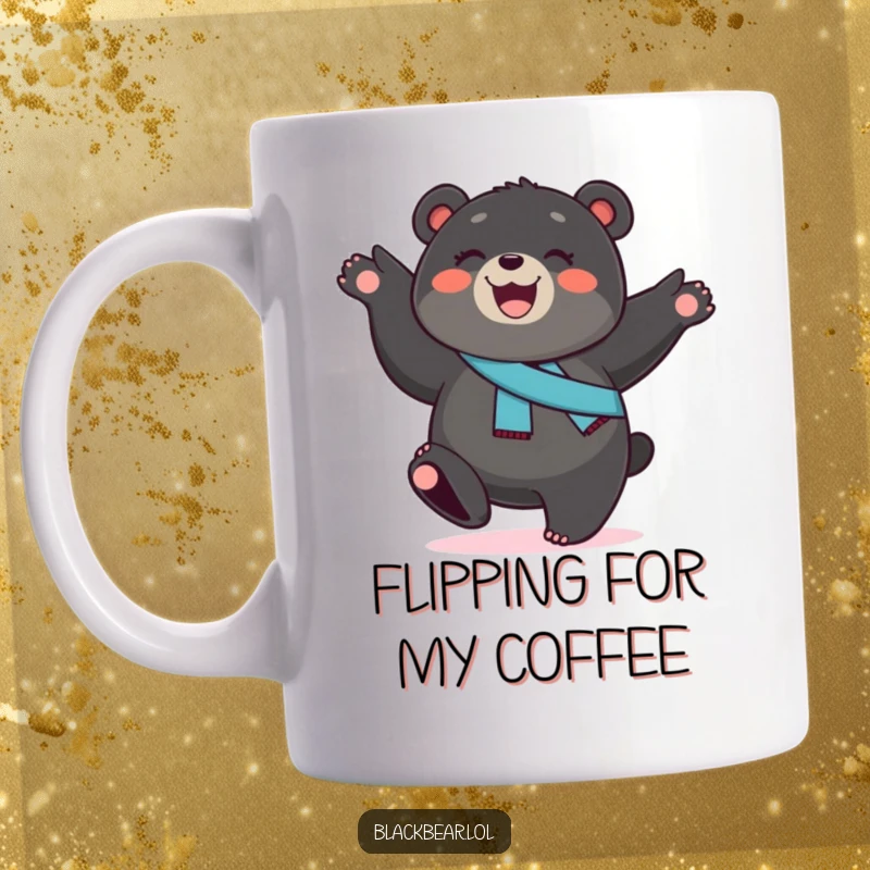 Funny black bear cub mug, a smiling cub wearing a sash, energetically performing a cartwheel with pure joy and playful abandon.