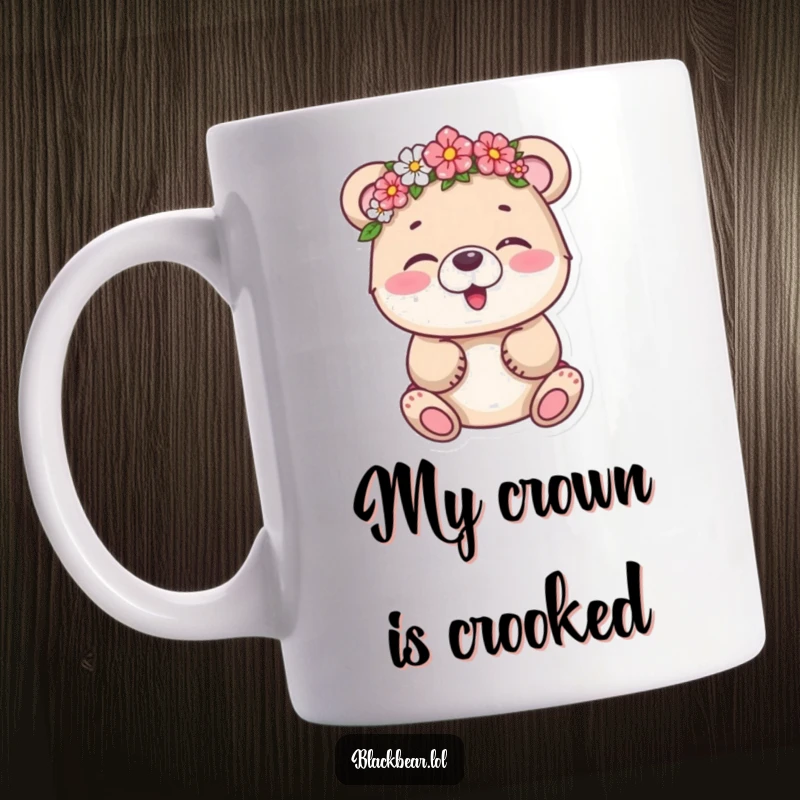 Funny bear cub wearing a flower crown askew, giggling uncontrollably, ideal for a cute and humorous mug gift.