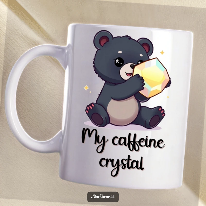 Funny mug shows a black bear cub eagerly reaching for a large, shimmering, oversized gem.