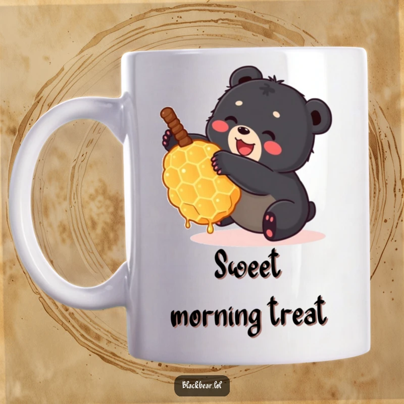 Funny small black bear cub joyfully tumbling while clutching a giant honeycomb on a ceramic mug. Adorable and humorous forest creature.