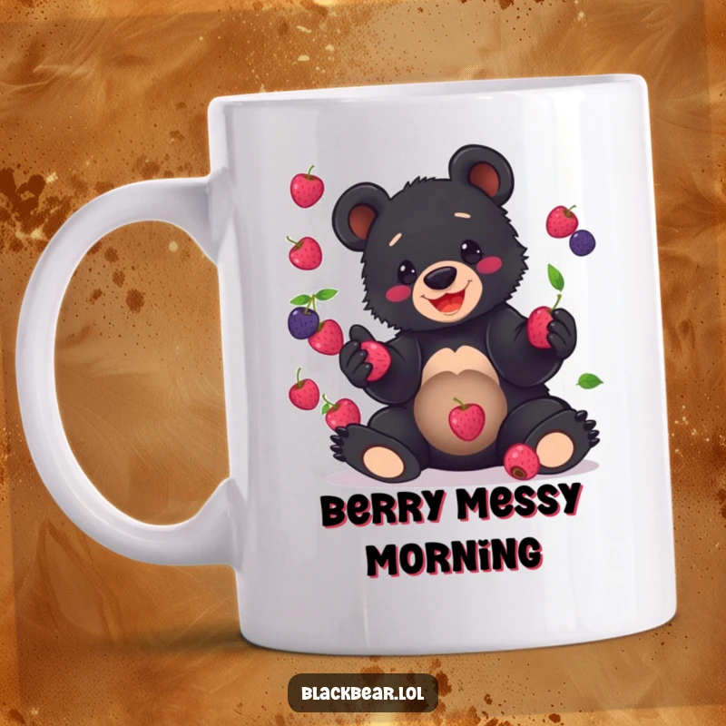 Funny Mug showing a cute black bear cub grinning while clumsily juggling colorful berries, mid-air chaos.