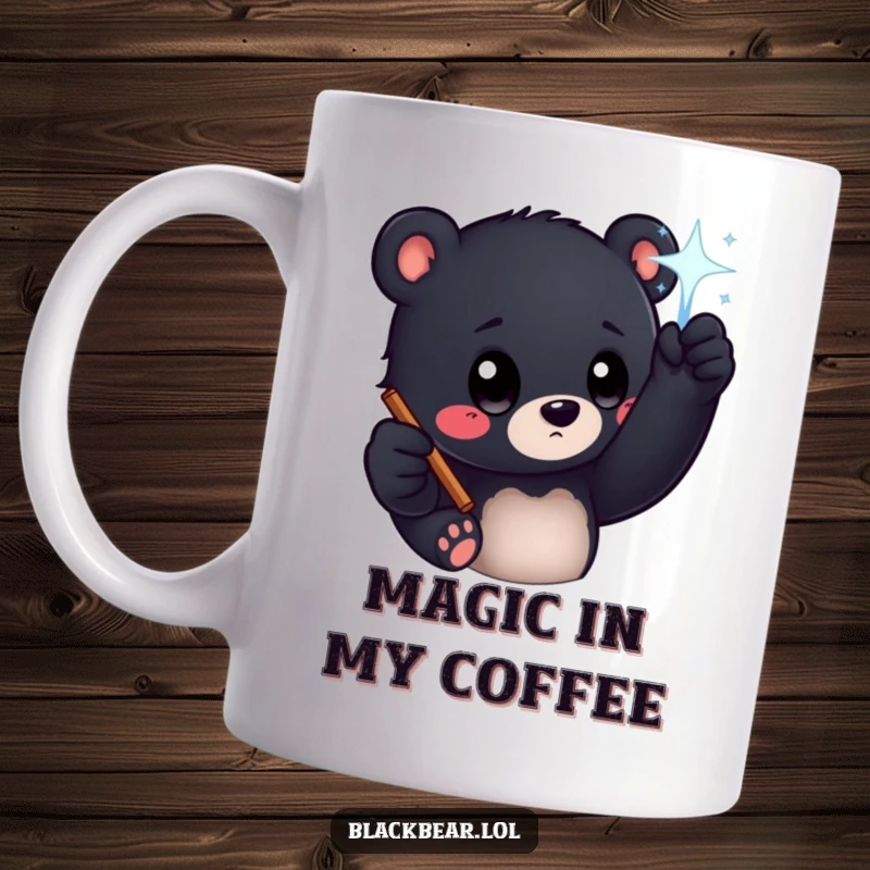 Funny black bear cub with big curious eyes reaching for a sparkling magic wand on a mug, evoking enchantment.