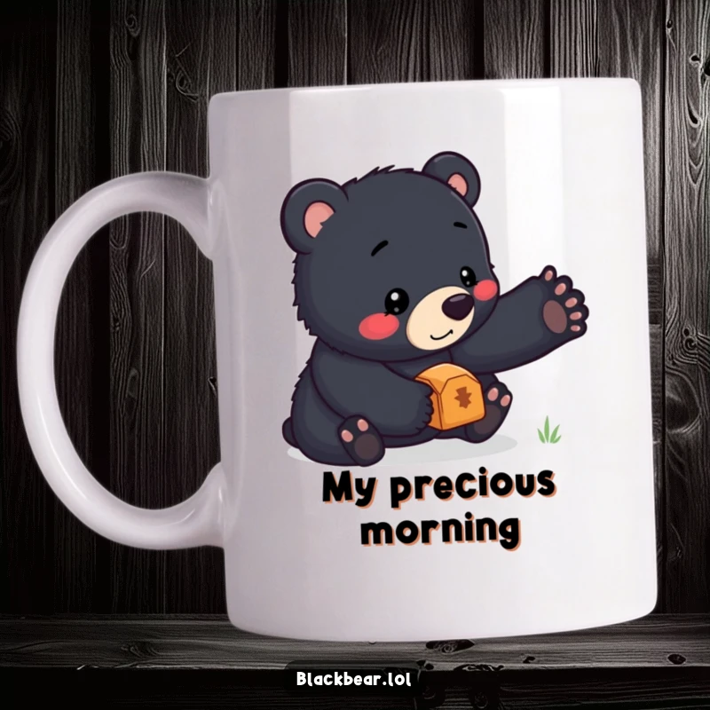 Funny mug featuring an incredibly cute black bear cub with amazing focus, balancing a shiny treasure perfectly on its tiny nose.