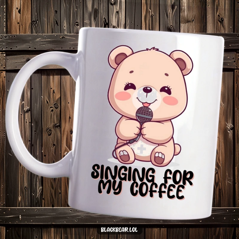 Funny Mug: A cute bear cub holding a tiny microphone, smiling brightly and ready to perform.
