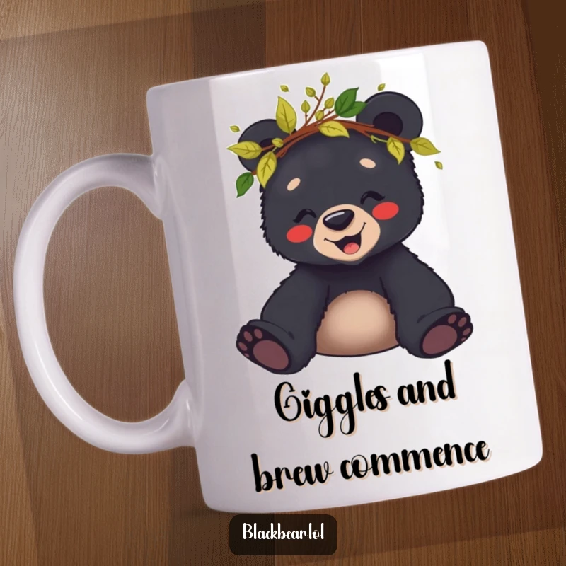 Funny mug featuring a giggling black bear cub wearing a crown made of leaves and twigs, looking utterly delighted.