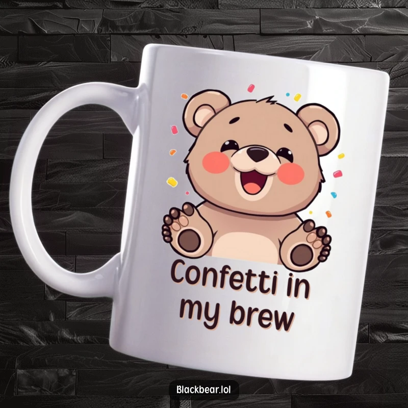Funny bear cub with a happy expression tossing colorful confetti in the air on a mug, signifying celebration.
