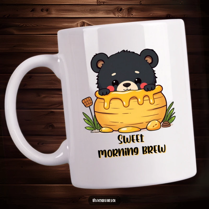 Funny mug showing a mischievous black bear cub peeking out from behind a big, overflowing pot of honey, looking curious.