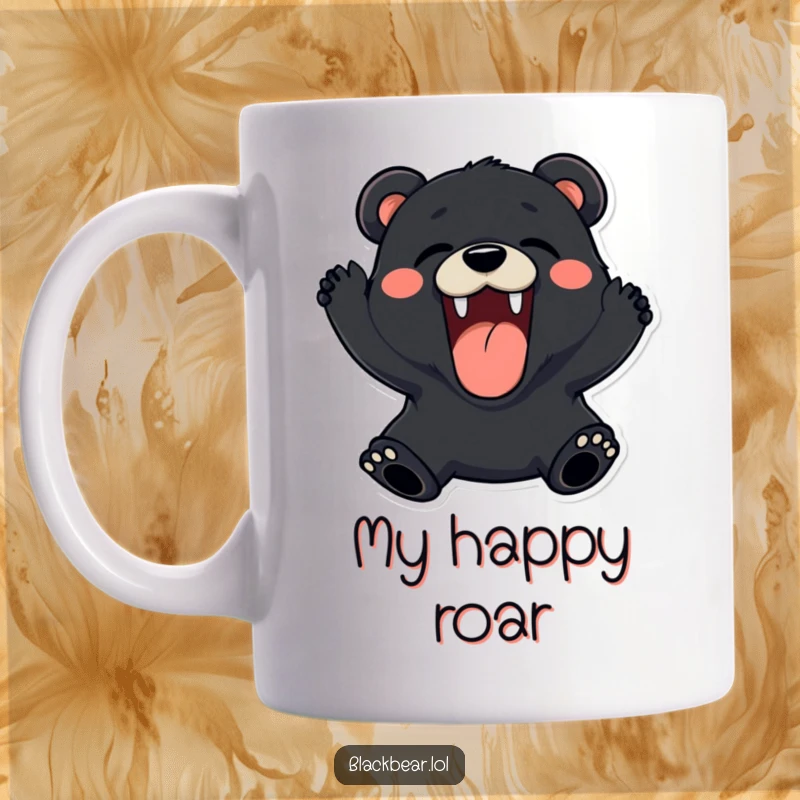 Funny black bear mug roaring playfully with a wide, happy expression, a perfect gift for animal lovers.
