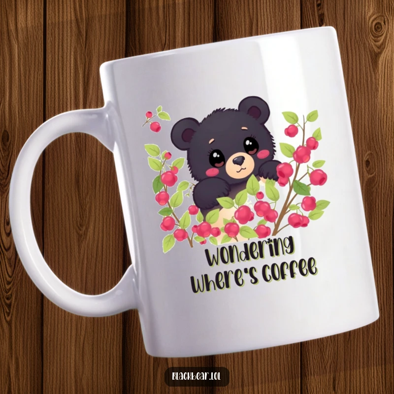 Funny shy black bear peeking from behind a berry bush, eyes wide with wonder on a ceramic mug. Curious and humorous forest creature.
