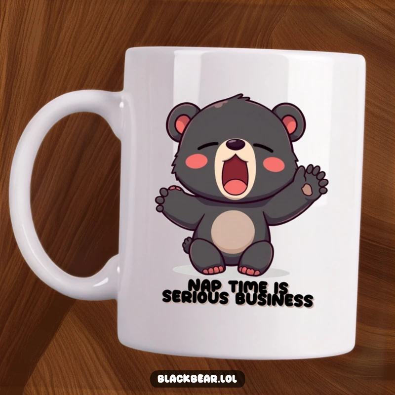 Funny mug showing a sleepy black bear cub in a wide yawn, stretching a tiny paw, embodying morning laziness perfectly.