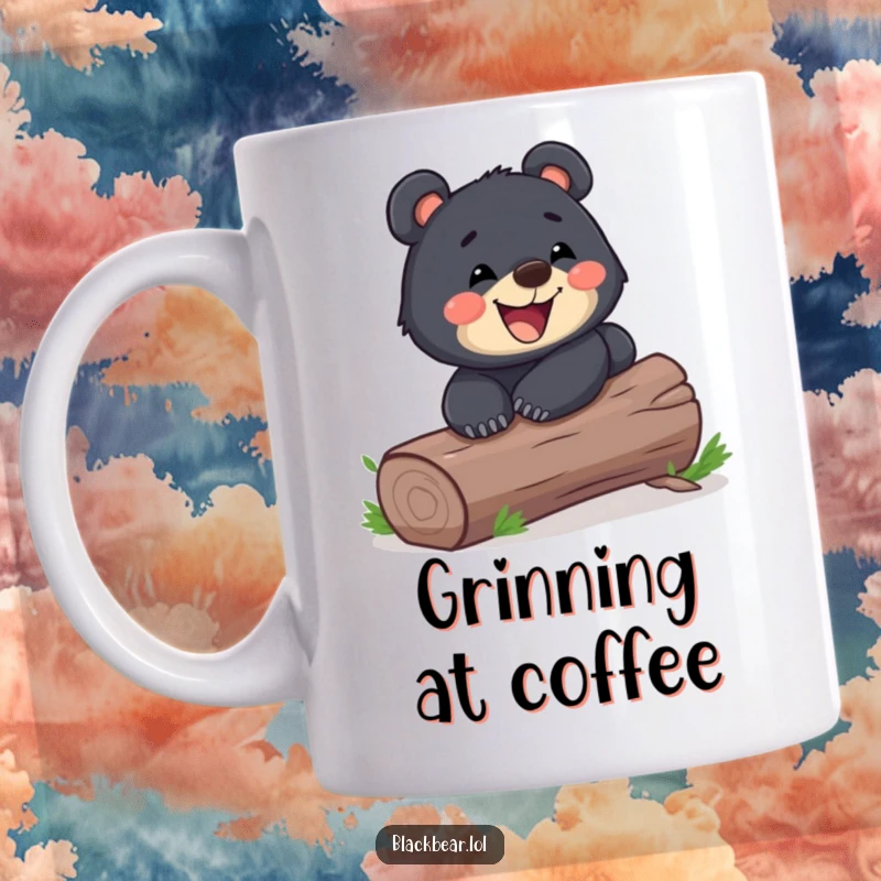Funny playful black bear cub sliding down a log with a wide grin on a ceramic mug. Joyful and humorous forest creature.