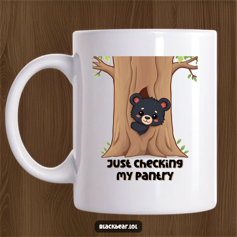 Funny Black Bear Cub Mug: A curious, adorable bear cub peeking playfully from behind a large tree, evoking a sense of wild wonder and joy.