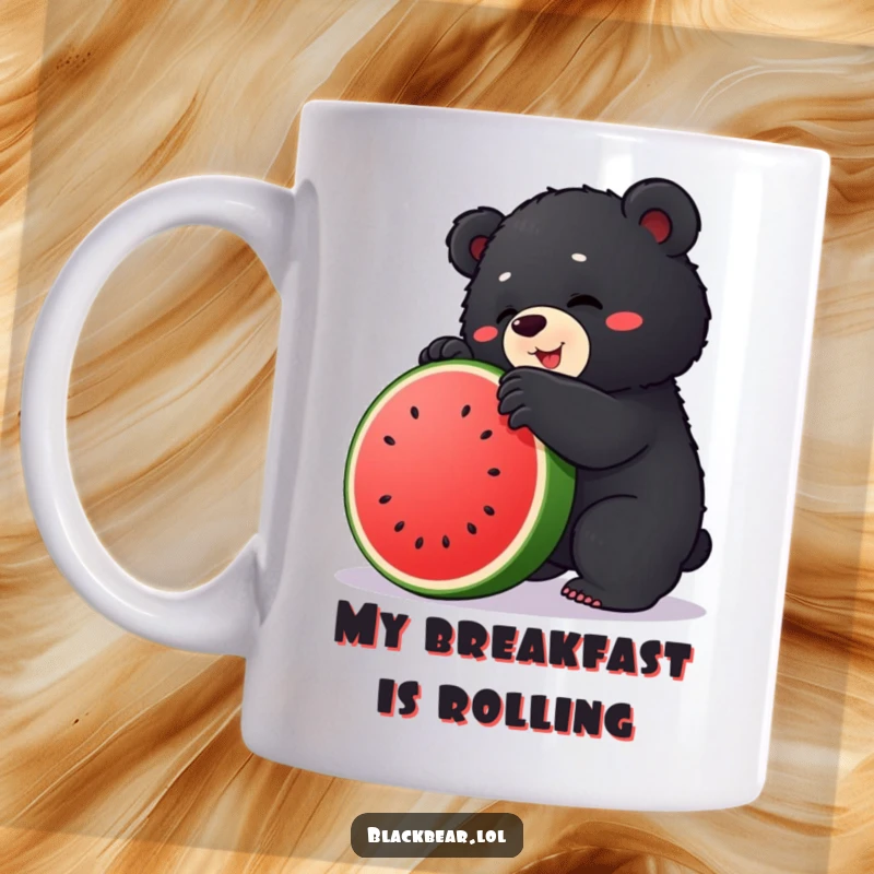 Funny mug showing a cute, chubby black bear cub hilariously trying to climb a giant, ripe watermelon.