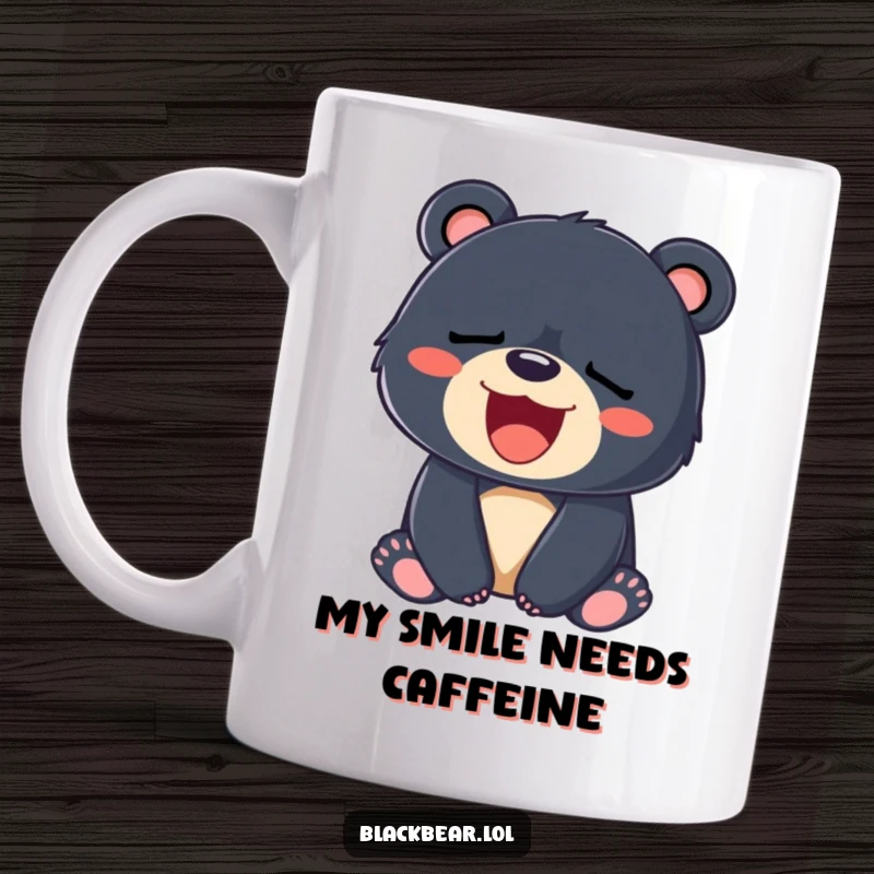 Funny mug showing a sleepy black bear cub letting out a huge, wide yawn, revealing a cheerful smile.
