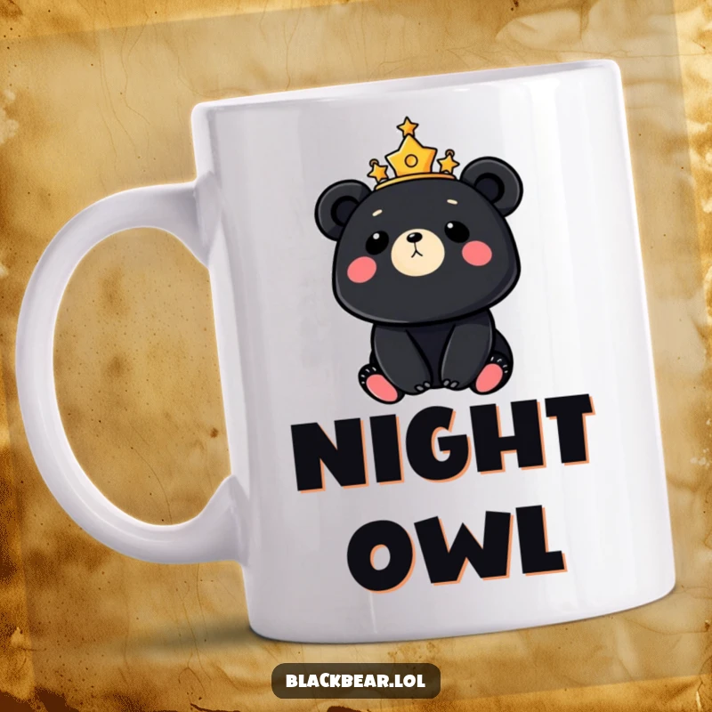 Mystical black bear wearing a glowing crown of stars, gazing upwards at a luminous moon, evoking wonder and enchantment.