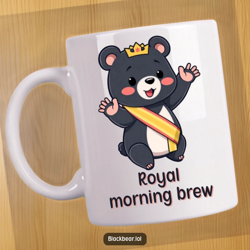 Funny black bear cub mug wearing a sash, giving a mock royal wave, a cute and regal gift.