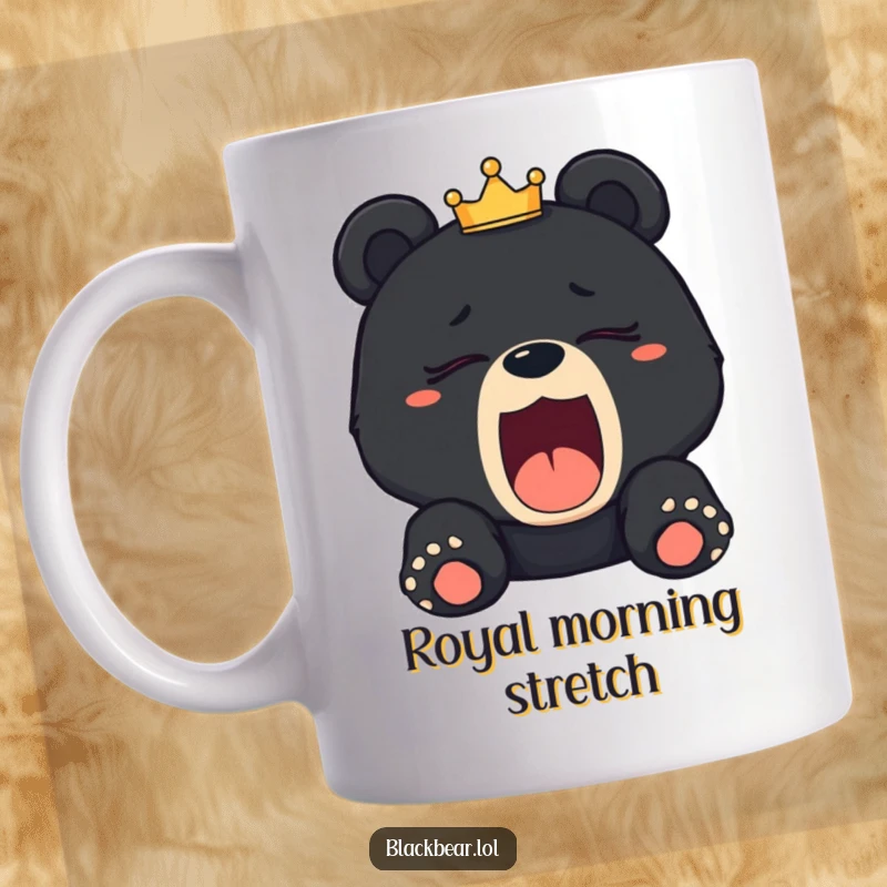Funny sleepy black bear cub mug yawning widely, wearing a slightly tilted crown, embodying royal fatigue.