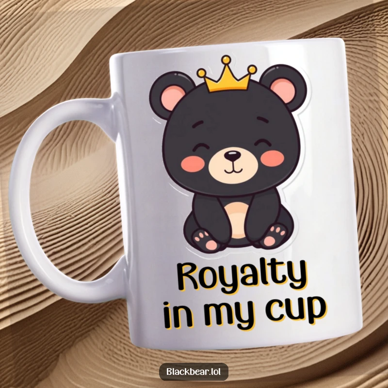 Funny black bear character with a gentle smile wearing a small crown, exuding kindness on a mug.
