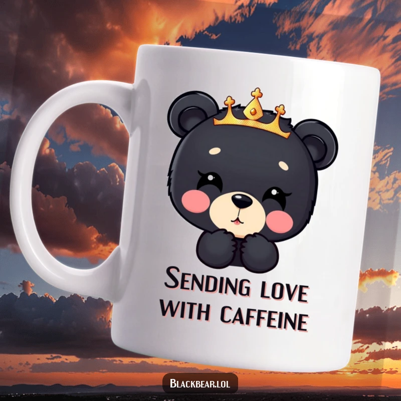 Funny black bear cub mug, a cub in a sparkly crown, adorably blowing a kiss downwards with cheeky charm and sweet affection.