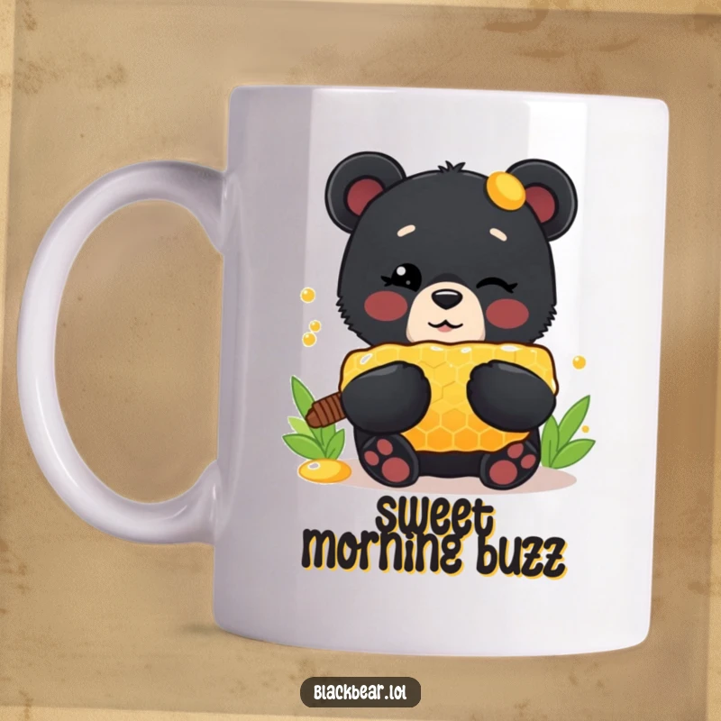 Funny Mug: Cute black bear cub winking playfully, proudly holding up a large, dripping honeycomb, radiating sweet charm.