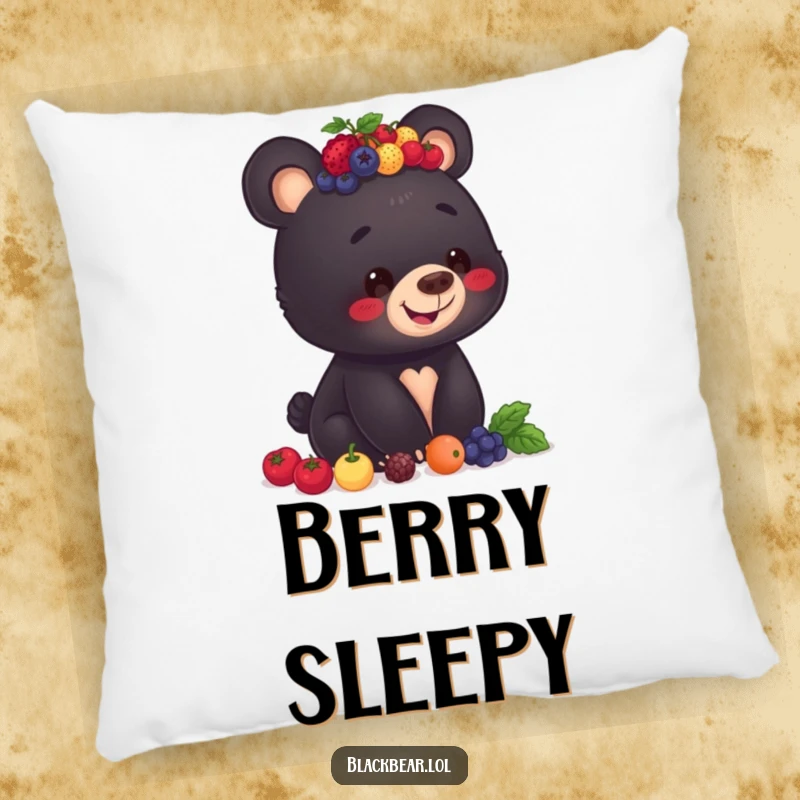 Funny pillow design of a smiling black bear cub precariously balancing a pile of berries on its head.