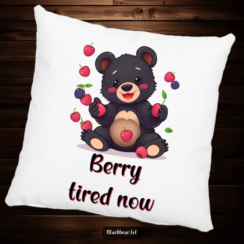 Funny Pillow featuring a black bear cub with a goofy grin attempting to juggle a bunch of berries, providing soft humor.