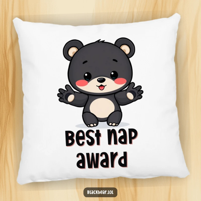 Funny Award Bear Cub Pillow: A cuddly bear cub with paws out to present an award, bringing soft comfort and funny charm.