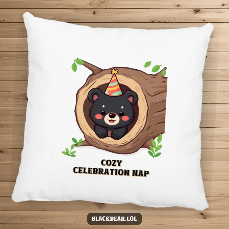 Funny pillow featuring a happy bear cub peeking from a hollow log wearing a party hat, perfect for cozy celebrations.