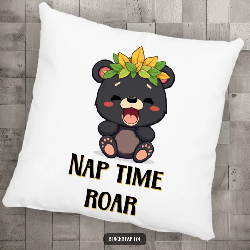 Soft pillow depicting a cute black bear cub with a leaf crown, letting out a tiny, playful roar, perfect for cuddling.