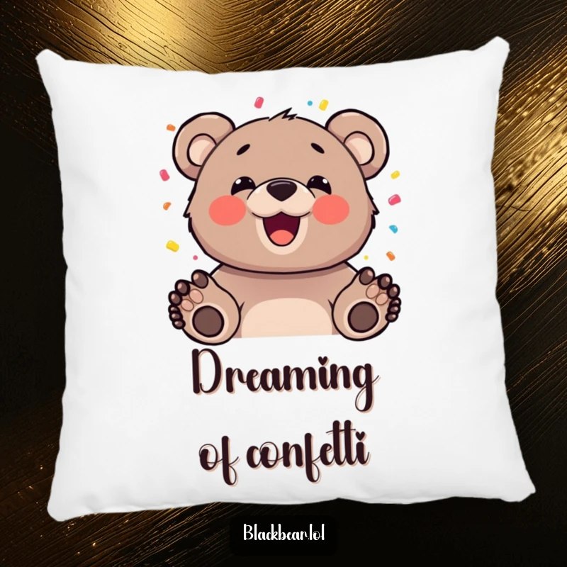 Funny bear cub with a happy expression tossing confetti, depicted on a soft pillow for cozy, festive decor.