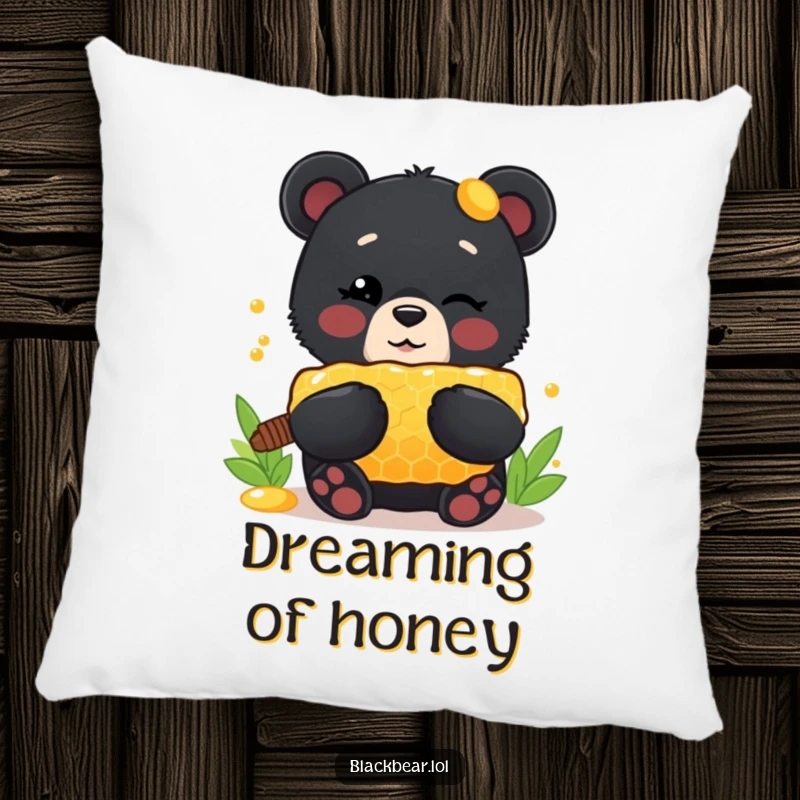 Funny Pillow: Cute black bear cub winking, holding a large honeycomb, offering soft comfort and a touch of sweet, humorous charm.