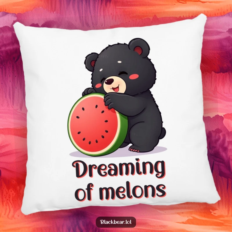 Funny pillow showing a chubby black bear cub hilariously trying to scale a large watermelon, perfect for cozy moments.