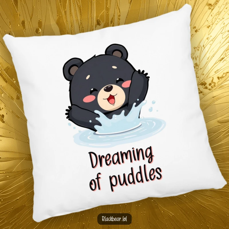Funny Pillow: A black bear splashes enthusiastically in a small puddle, adding comfort and playful charm.