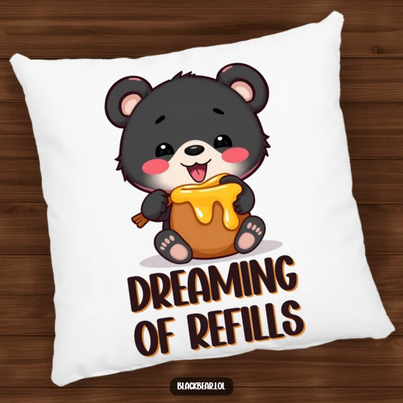 Funny pillow with a black bear cub comically stuck in a tiny honey pot, offering plush comfort and humorous charm for any room.