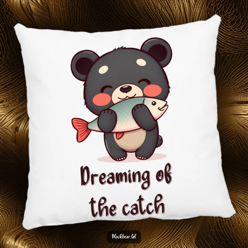 Funny Pillow: Happy black bear cub balancing a fish on its nose, offering soft comfort and a touch of humorous, aquatic charm.