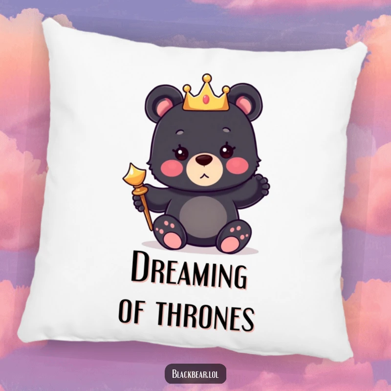 Funny pillow featuring a cute bear cub wearing a tiny crown and holding a scepter, perfect for cozy regal vibes.