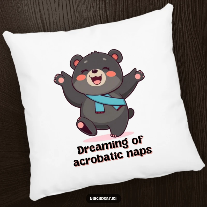 Funny black bear cub pillow, a smiling cub with a sash, performing a cartwheel, offering comfort with energetic humor.