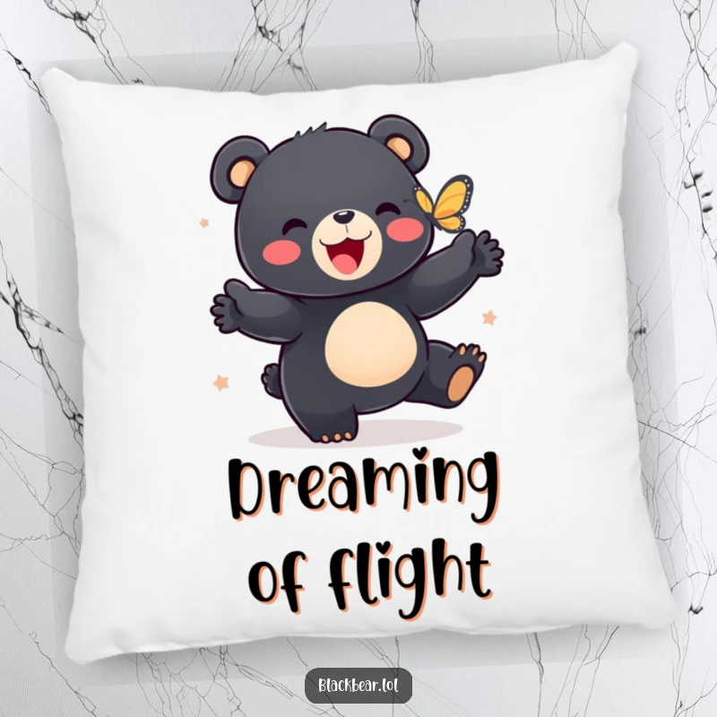 Funny pillow with a black bear cub joyfully dancing with a butterfly, offering comfort and a touch of whimsy.