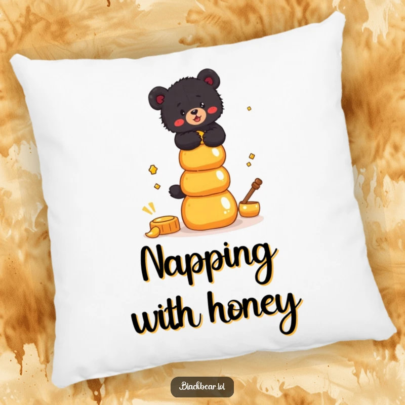 Funny Pillow featuring a black bear cub attempting to balance a stack of honey pots, providing soft, humorous comfort.