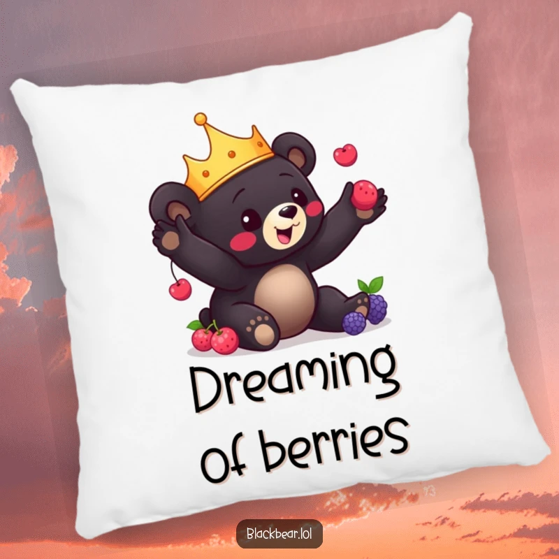 Funny Bear Cub Pillow: Soft cushion featuring a charming black bear cub with a crown playfully juggling berries, offering comfort and delight.