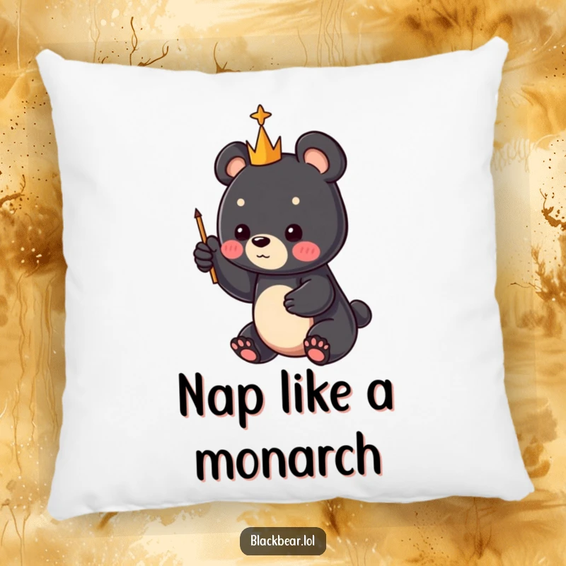 Funny black bear cub holding a tiny scepter, pointing upwards, printed on a plush pillow, a charming funny gift.
