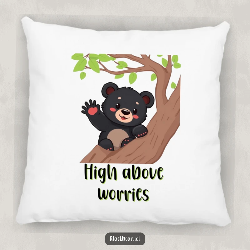 Funny black bear cub waving from a tree branch, printed on a soft pillow, bringing cheerful vibes and cozy comfort.
